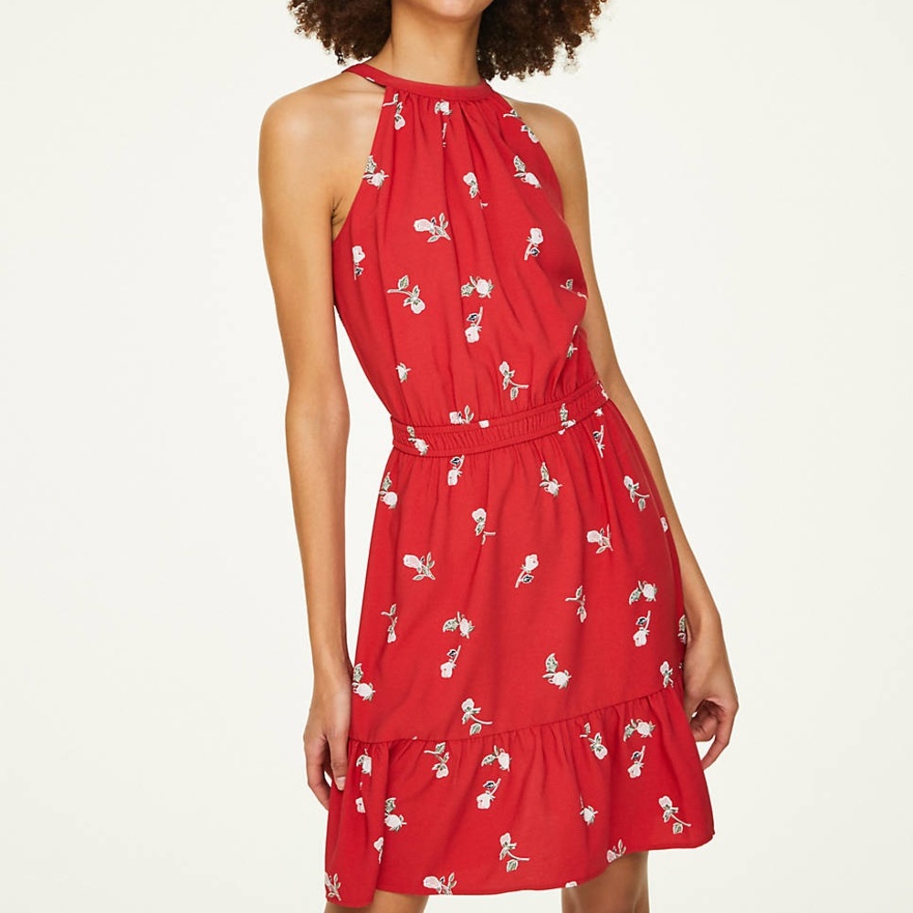 LOFT Red Floral Flounce Halter Dress